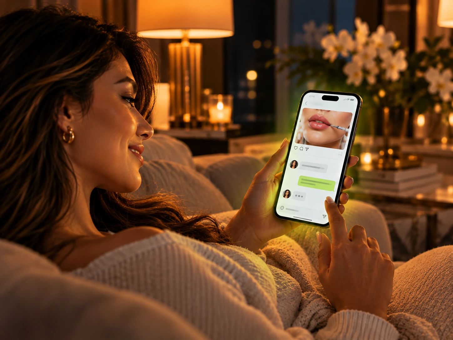 A client on her sofa at night getting an instant reply to her lip filler DM