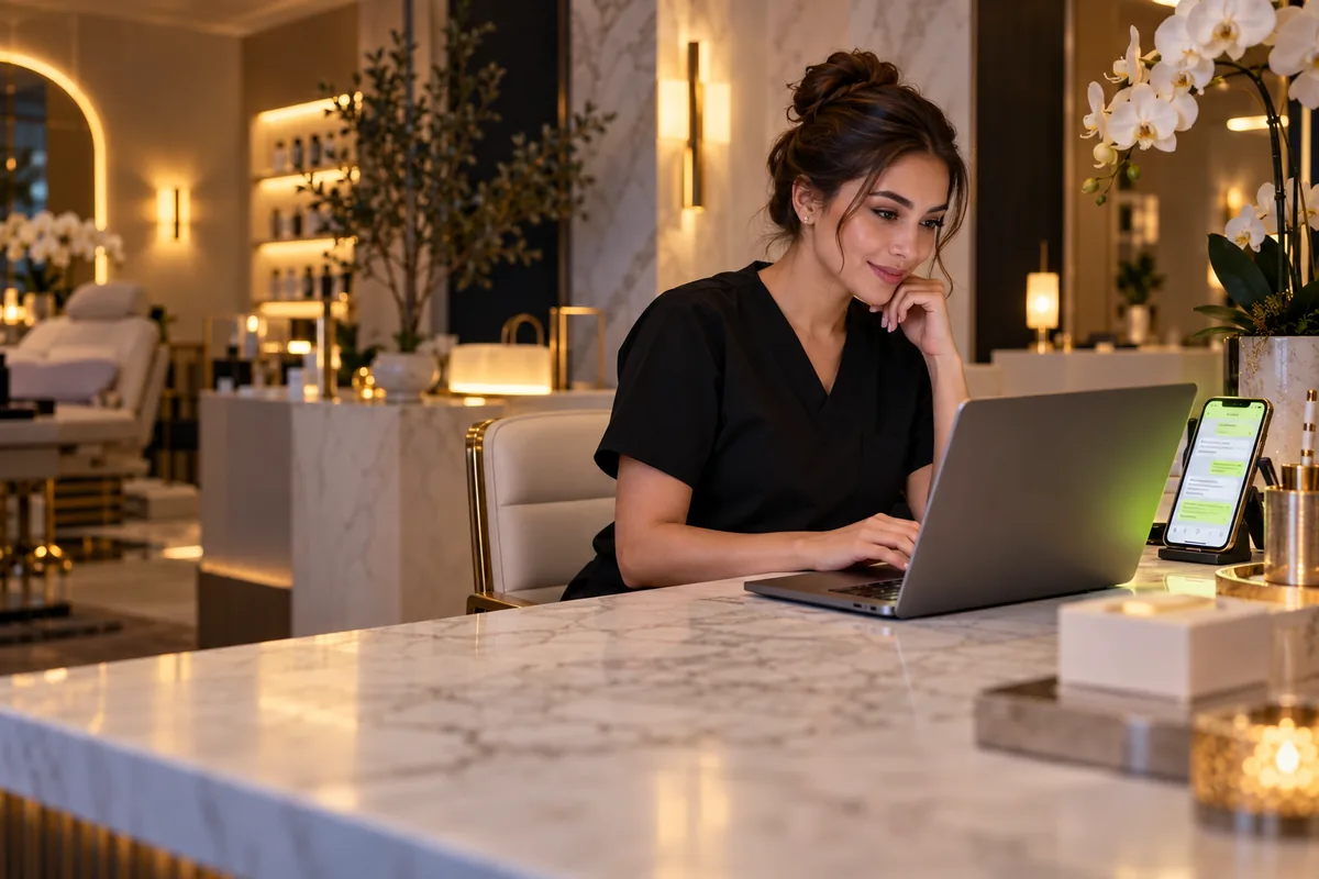 A med spa owner typing her clinic handle into a laptop while a chat demo lights up on her phone