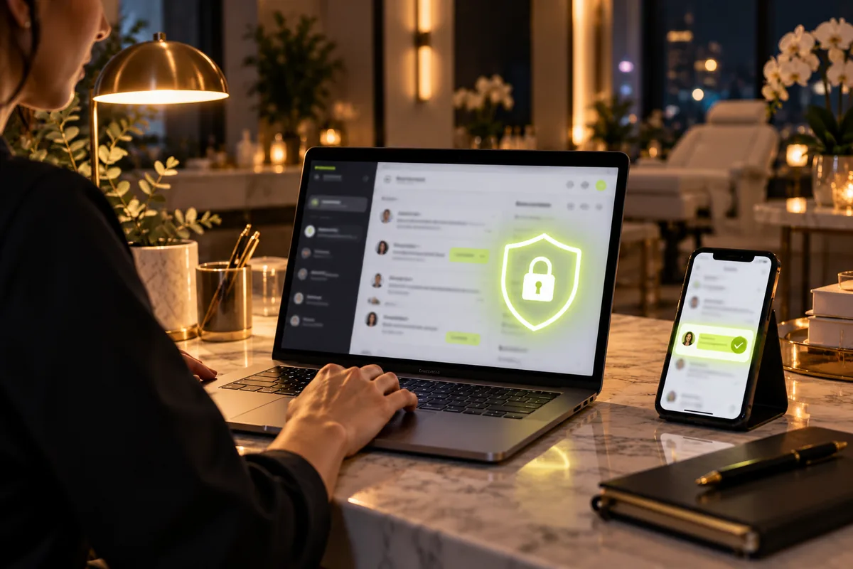 A private team inbox protected by a padlock on a laptop, with a handed-to-team chat on the phone