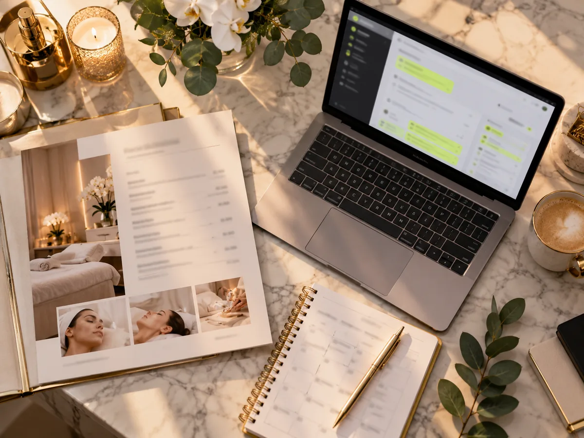 A treatment menu, price list and laptop with the assistant script on a marble desk