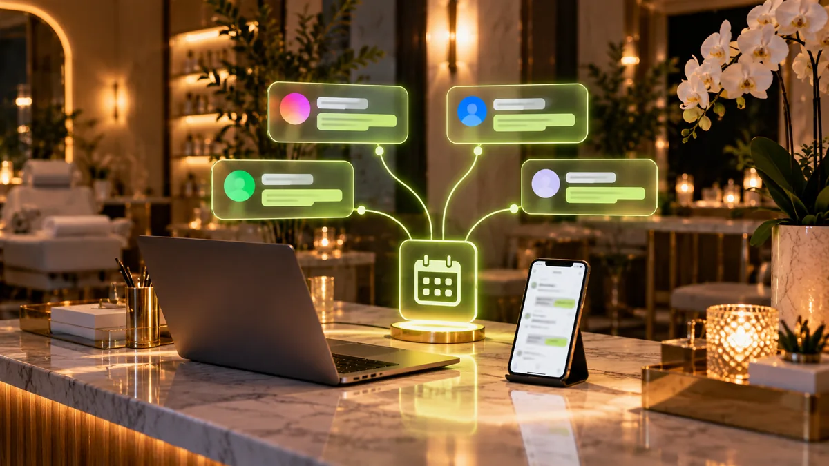 Instagram, Messenger, WhatsApp and web chat messages flowing into one calendar on a spa front desk