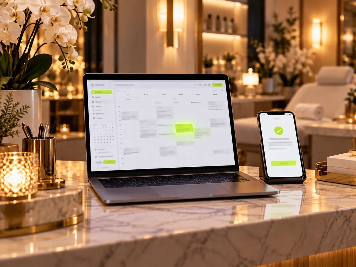 A laptop calendar with a new consult slot booked and a confirmation on the phone