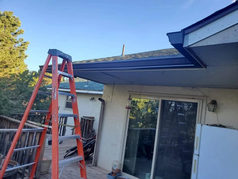 Ladder against a home with a blue gutter above a sliding glass door