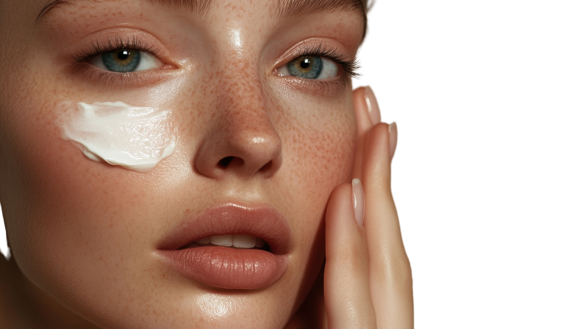 Woman with healthy glowing skin applying natural face cream, representing the JuJubee Skincare philosophy rooted in experience.