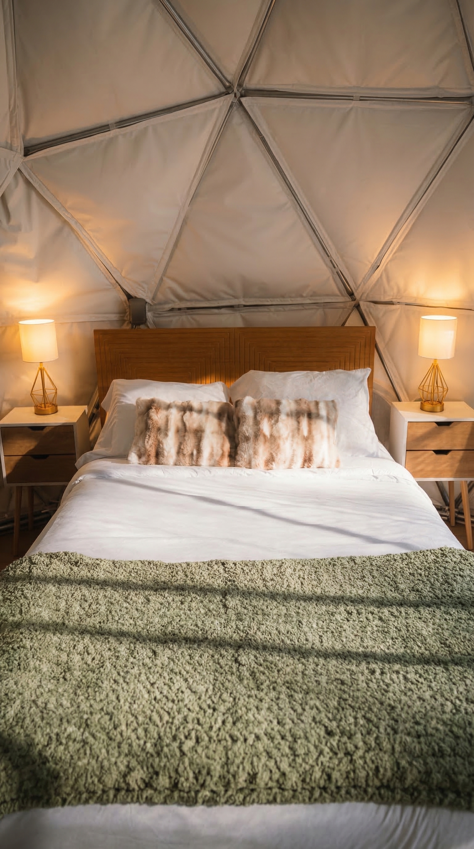 Geo Dome interior with cozy bed and natural light