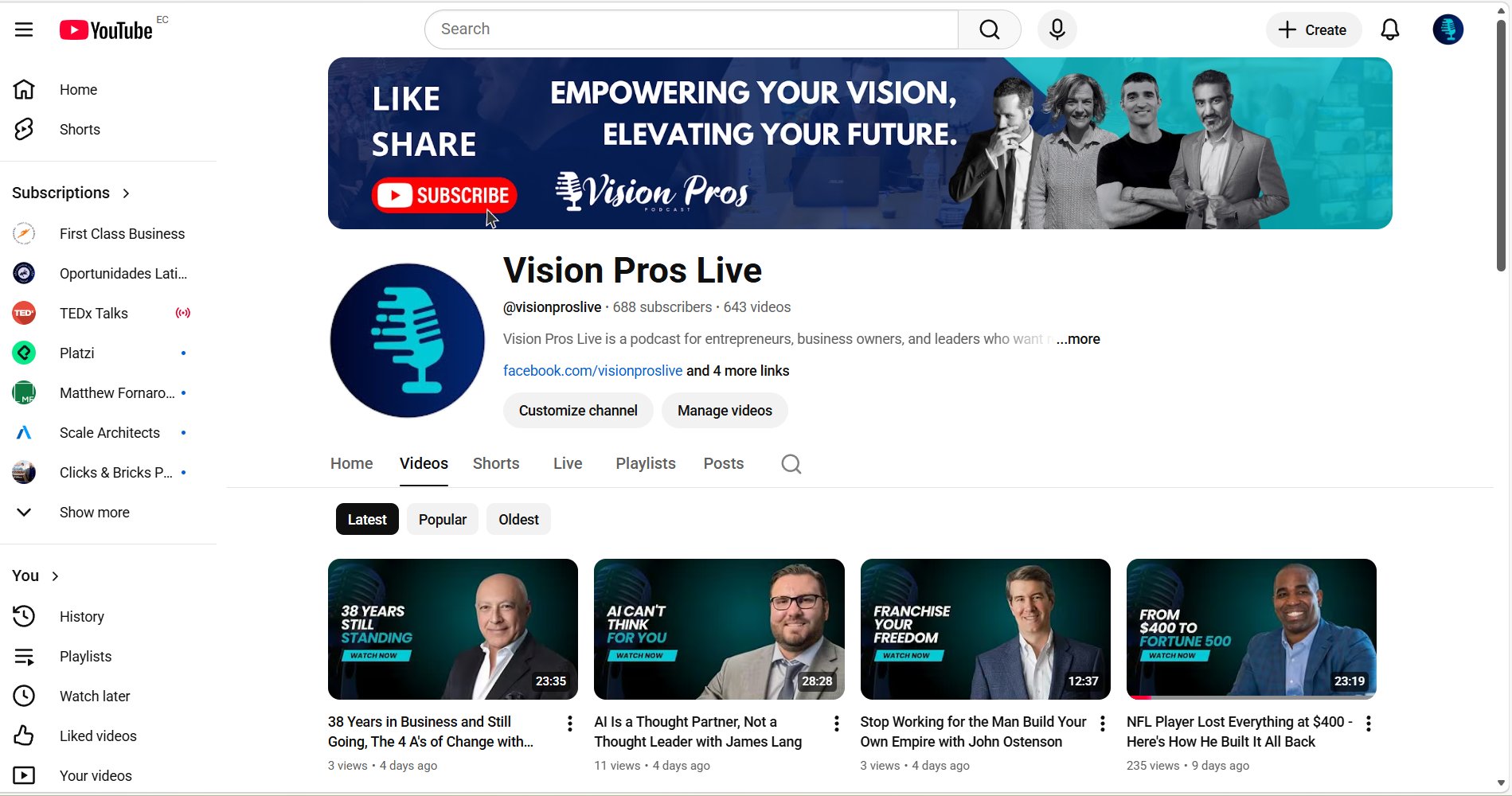 Vision Pros Live YouTube channel showing 688 subscribers and 643 videos