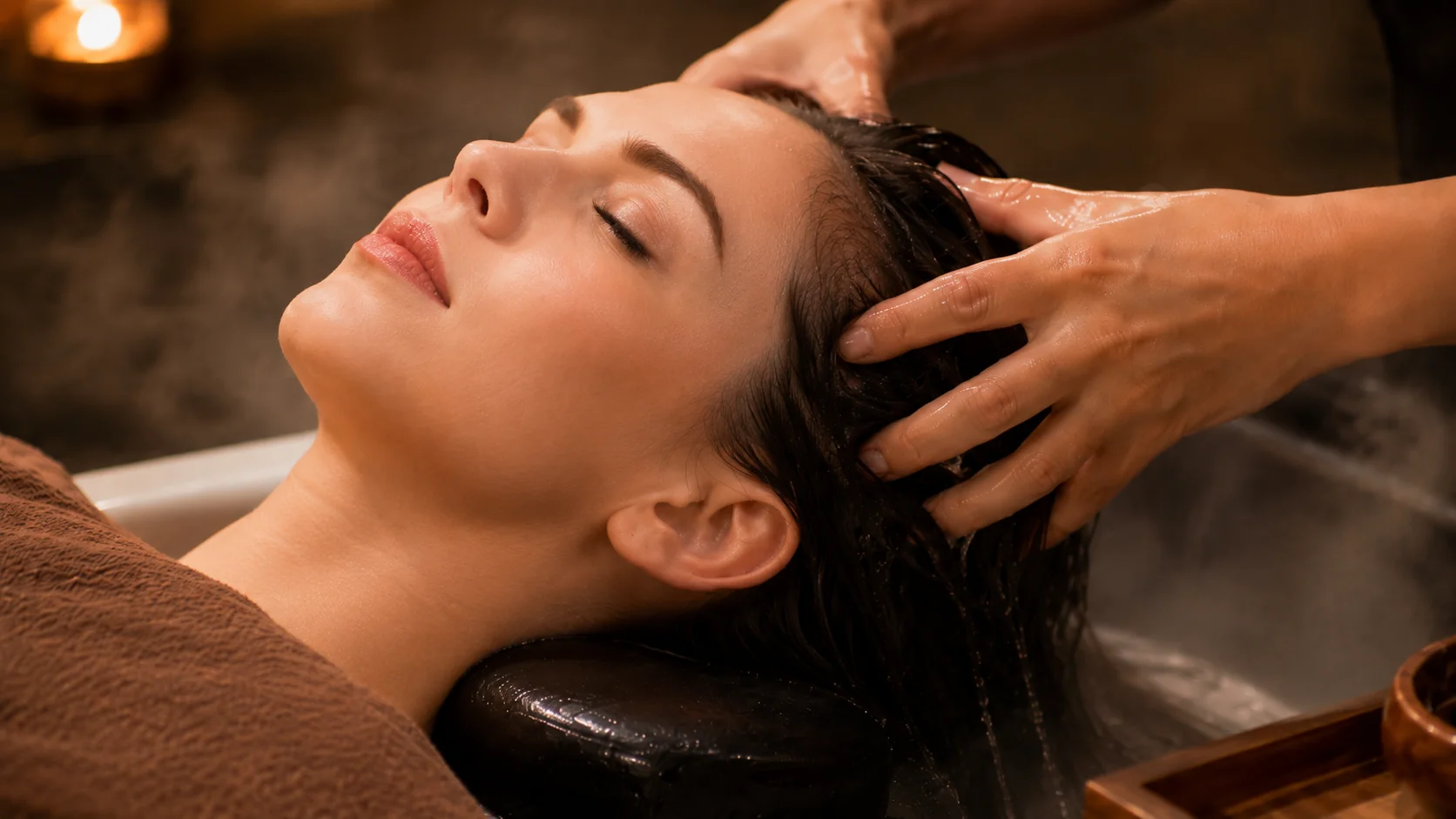 a technician is massaging a client's head during a Head Spa session