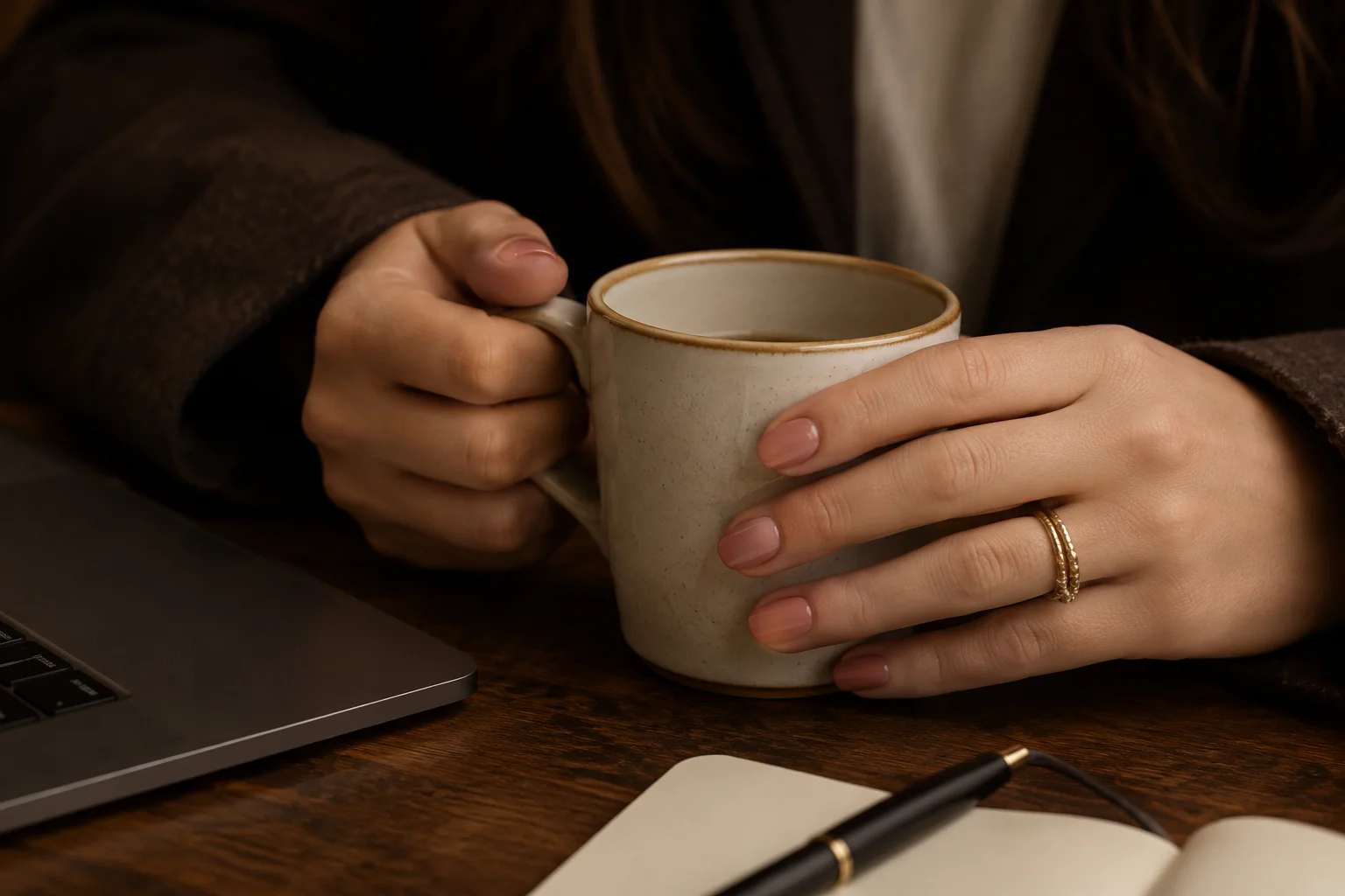 A client holding a coffee mug with beautiful nails from a Classic Manicure service