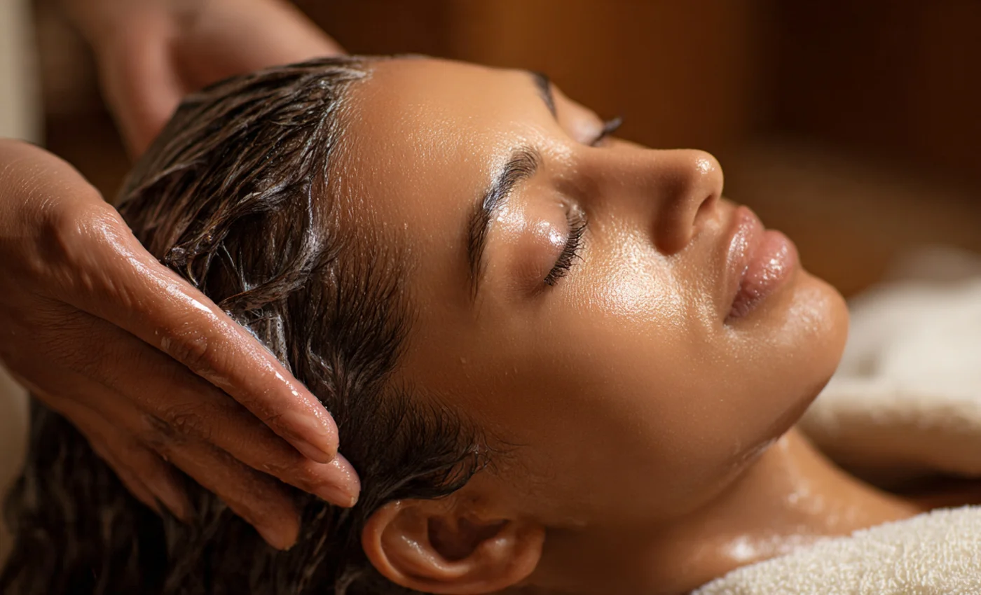 A technician is working on a client's head spa service