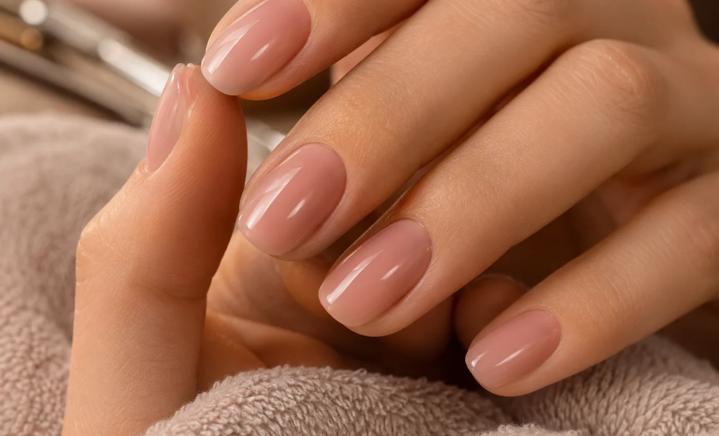 A nail technician performing a detailed Russian gel manicure