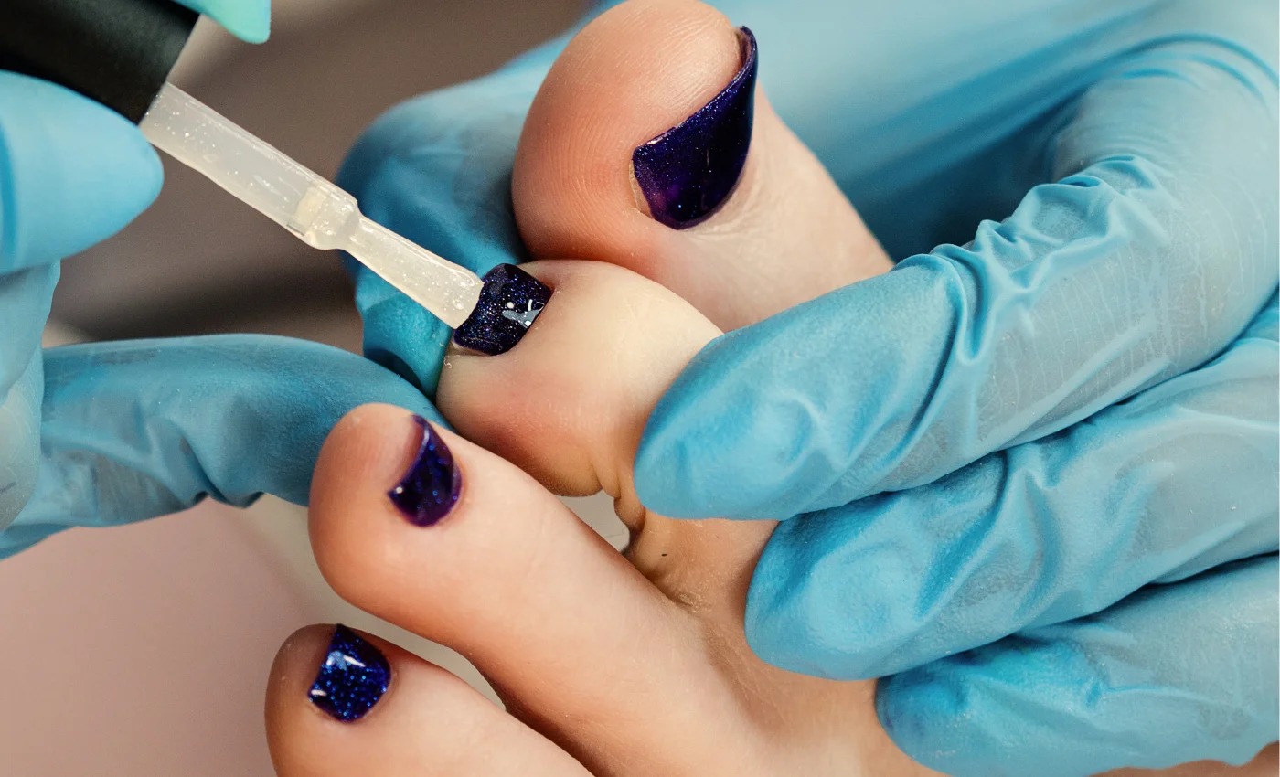 A detailed Russian gel pedicure with clean gel polish