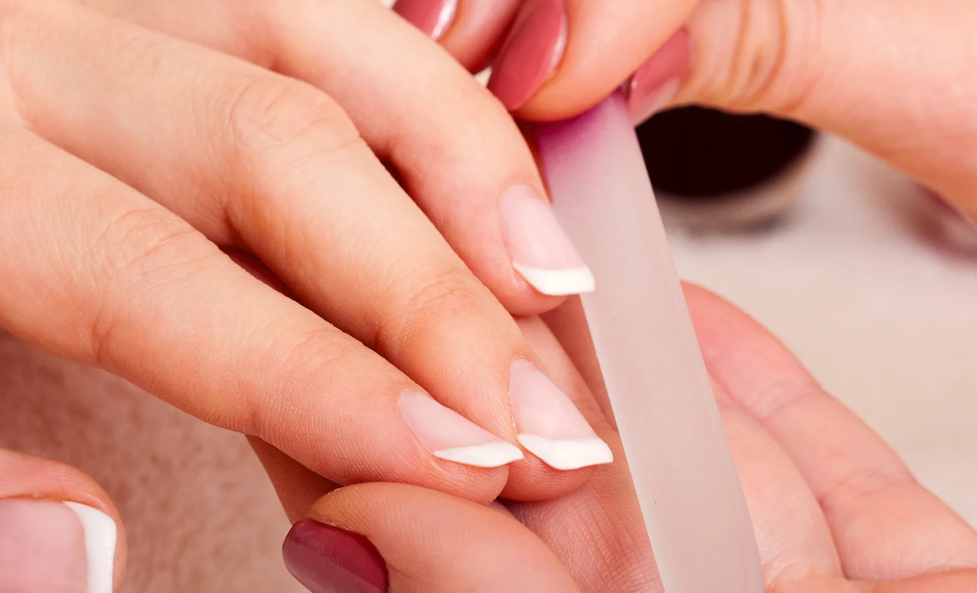 French dip powder nails with a clean classic tip