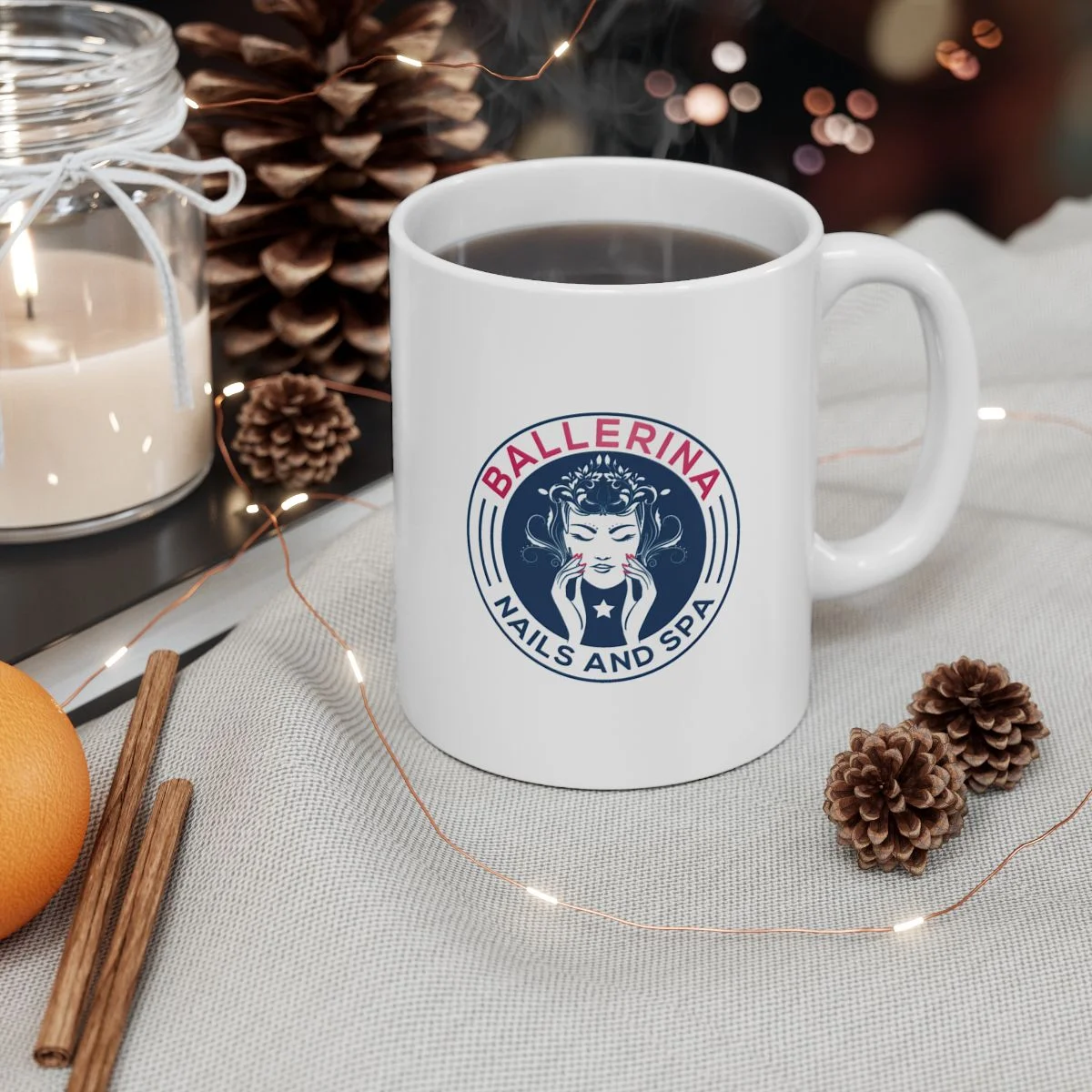Close-up of the Ballerina branded coffee mug design