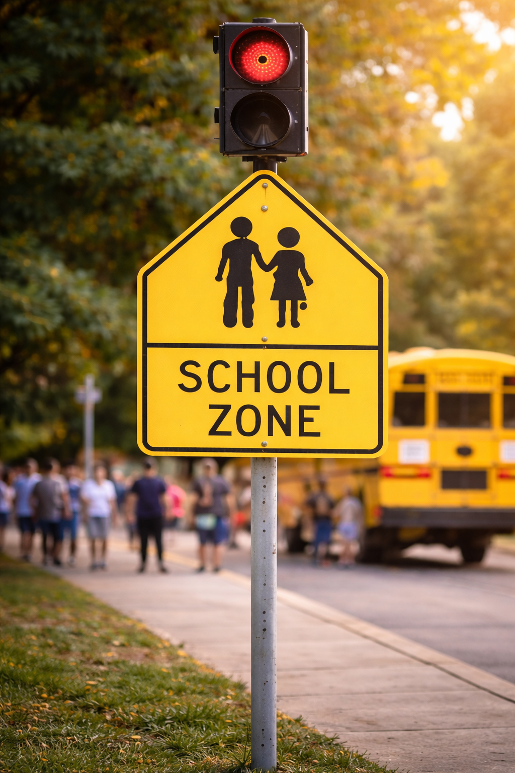 Yellow school zone sign with children crossing and school bus in background