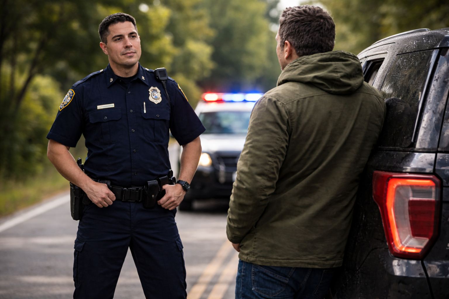 Police officer speaking with driver during roadside stop with patrol car lights behind