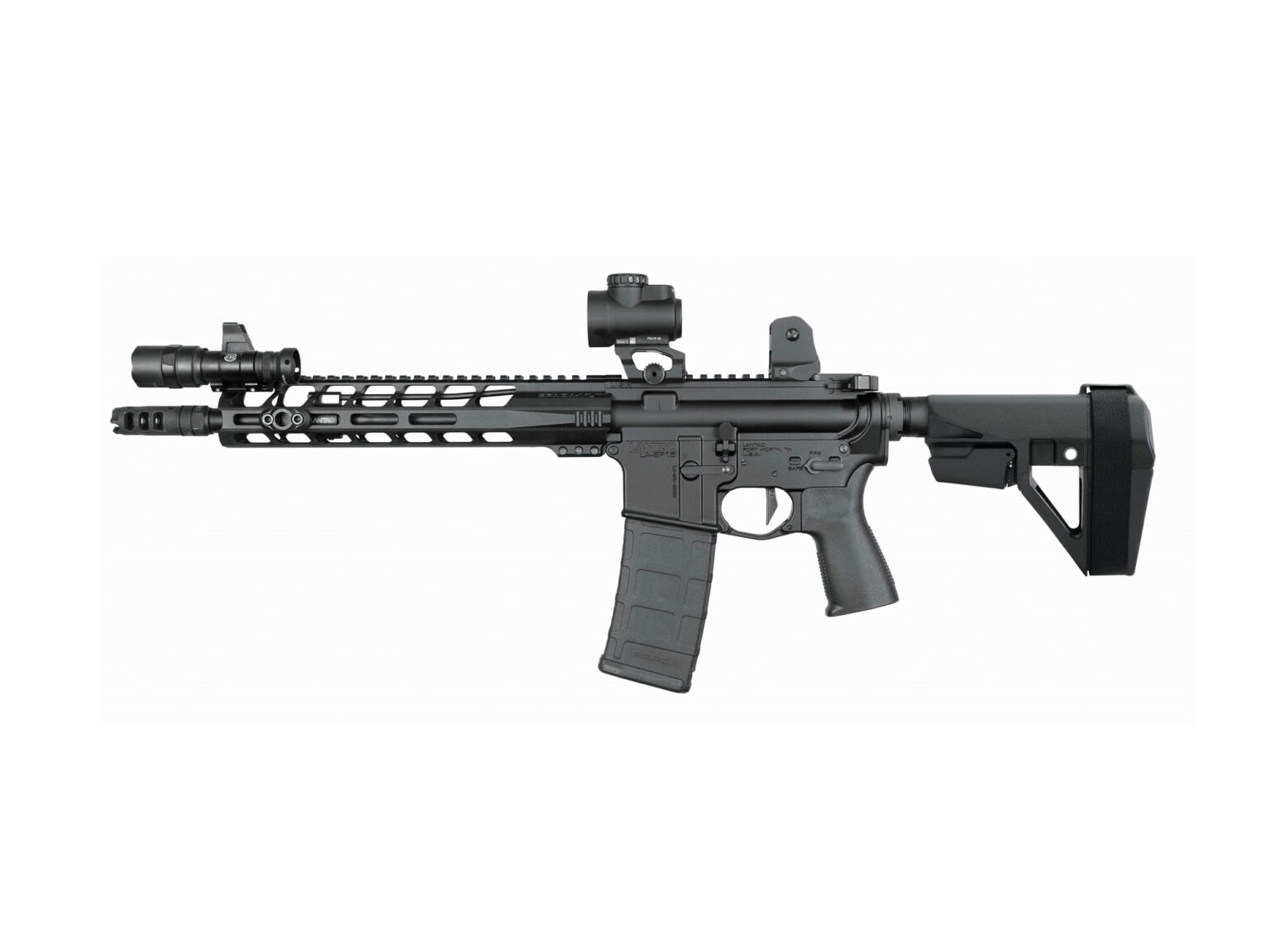 AR-15 style pistol featuring a pistol brace, red dot optic, and tactical accessories displayed on a white background.