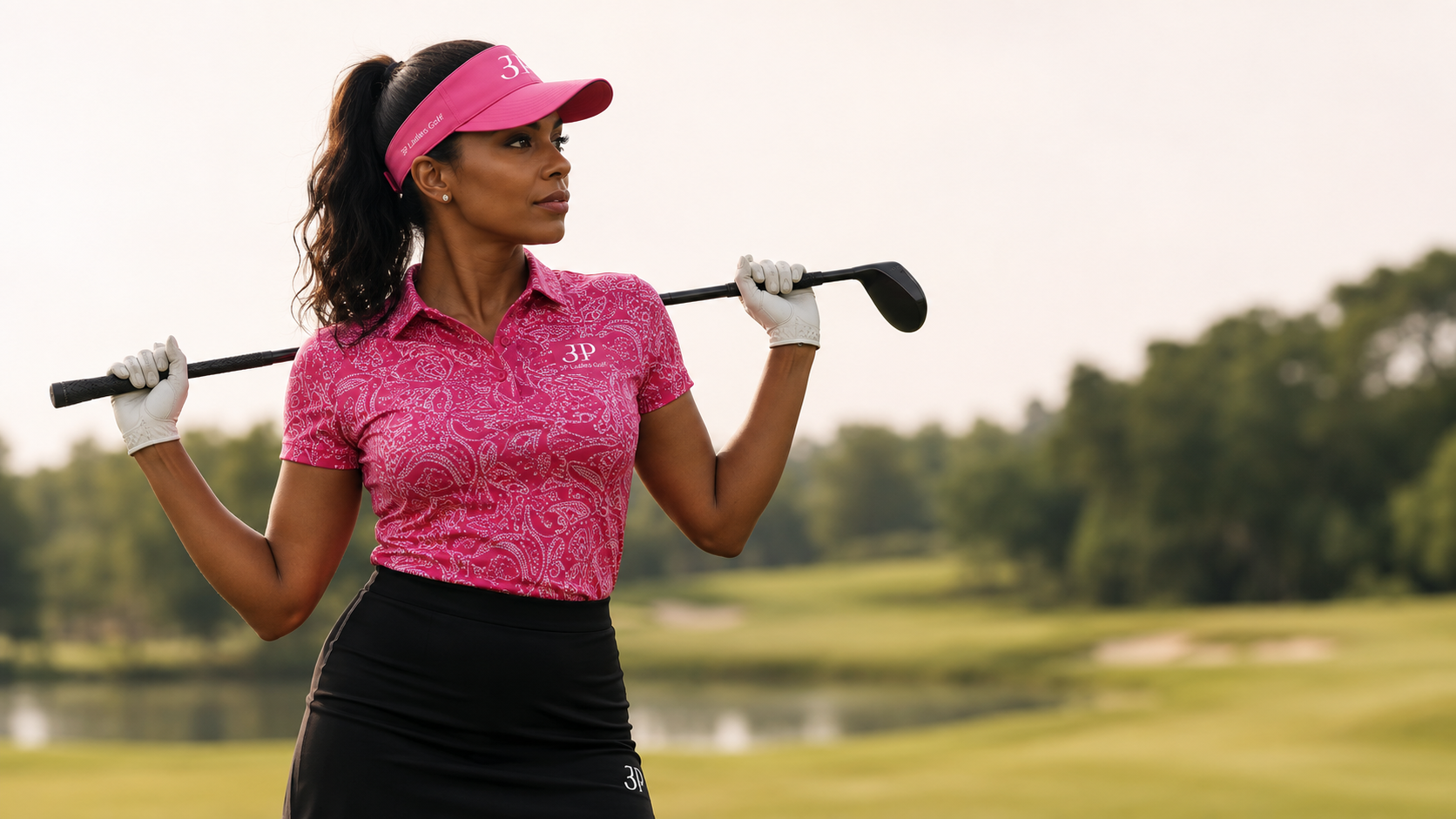 A woman golfer looking ahead, reflecting the confident, fashion-forward spirit of 3P Ladies Golf Apparel