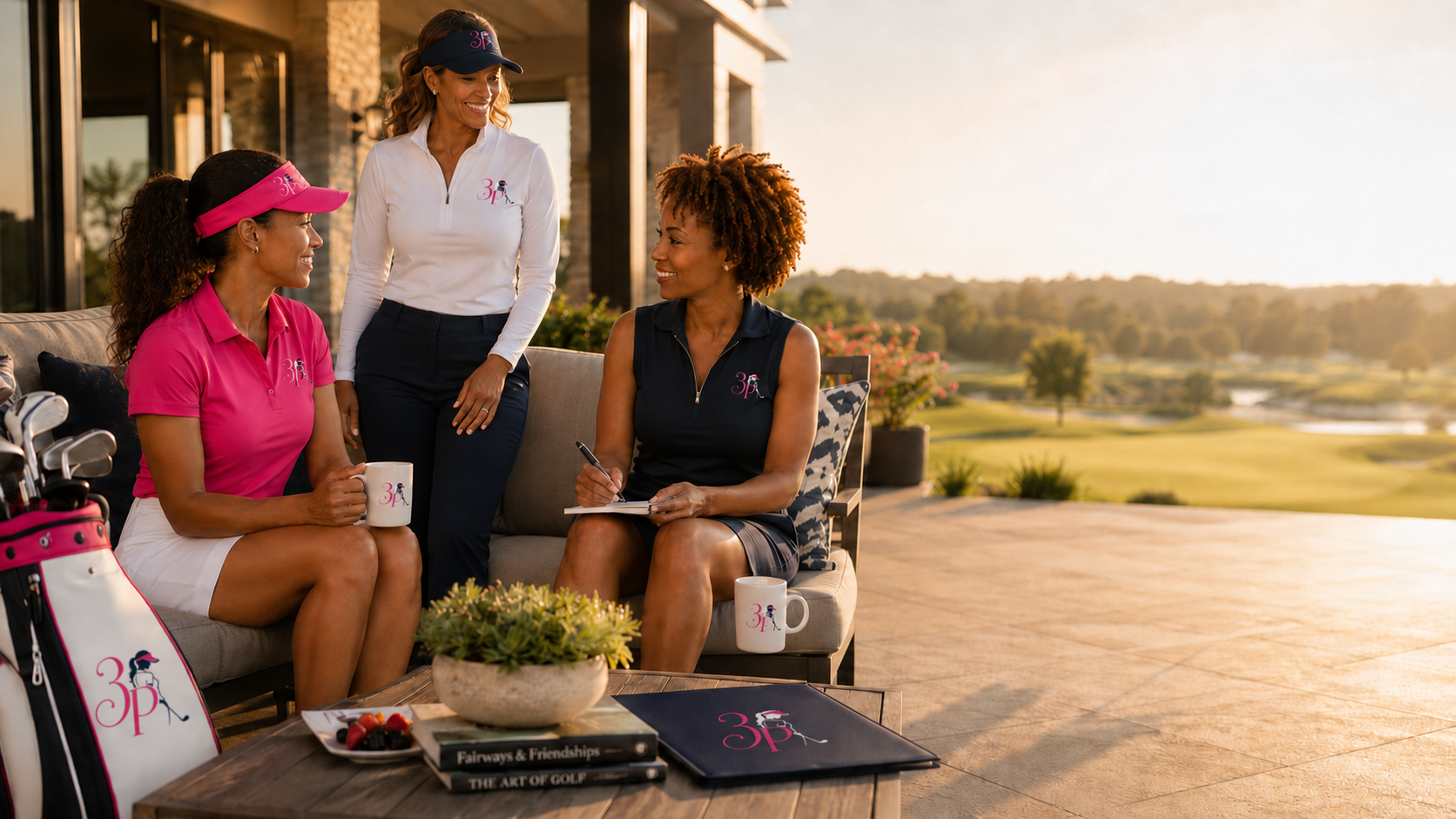 Women gathered in a clubhouse setting, reflecting the warm, collaborative spirit of 3P Ladies Golf Apparel