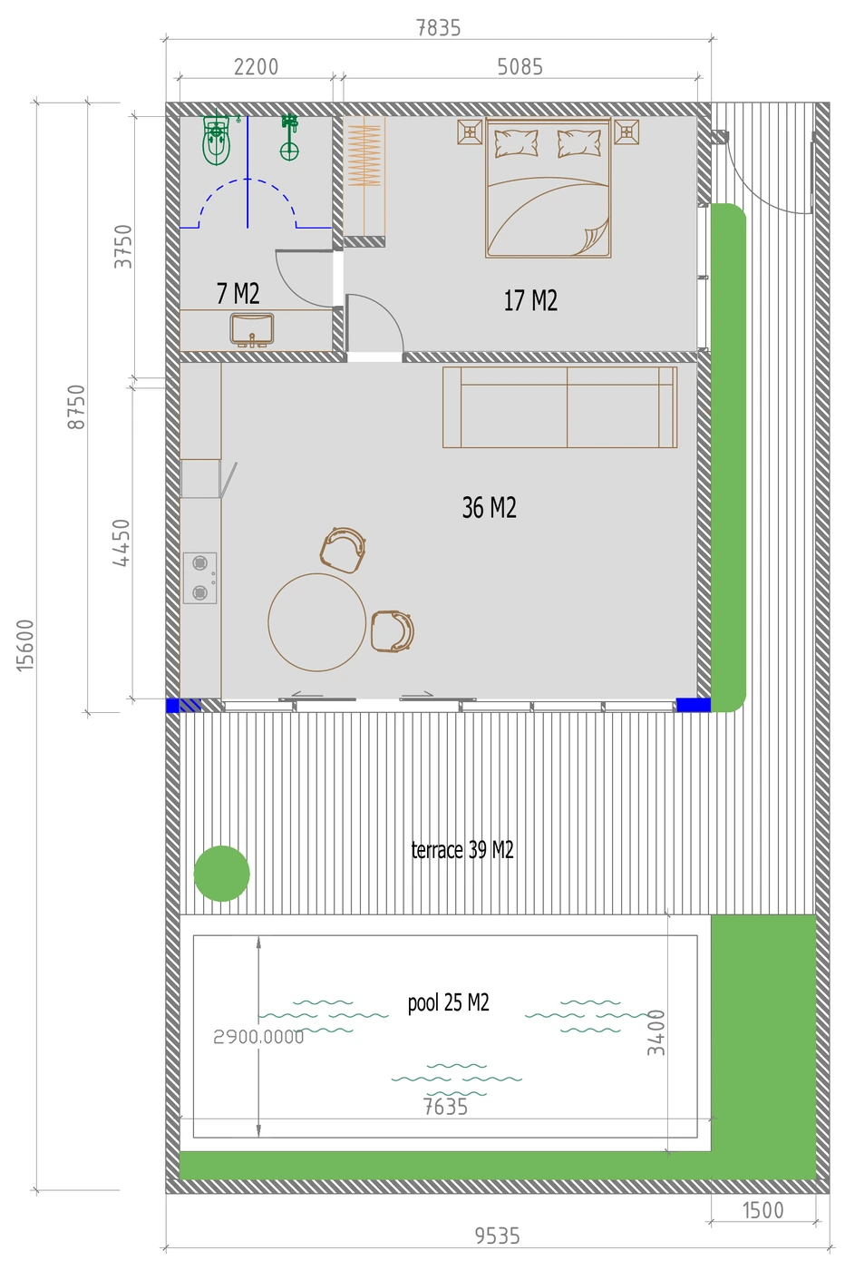 Grundriss Villa Aruna — 60 m², 1 Schlafzimmer, Terrasse und Privatpool