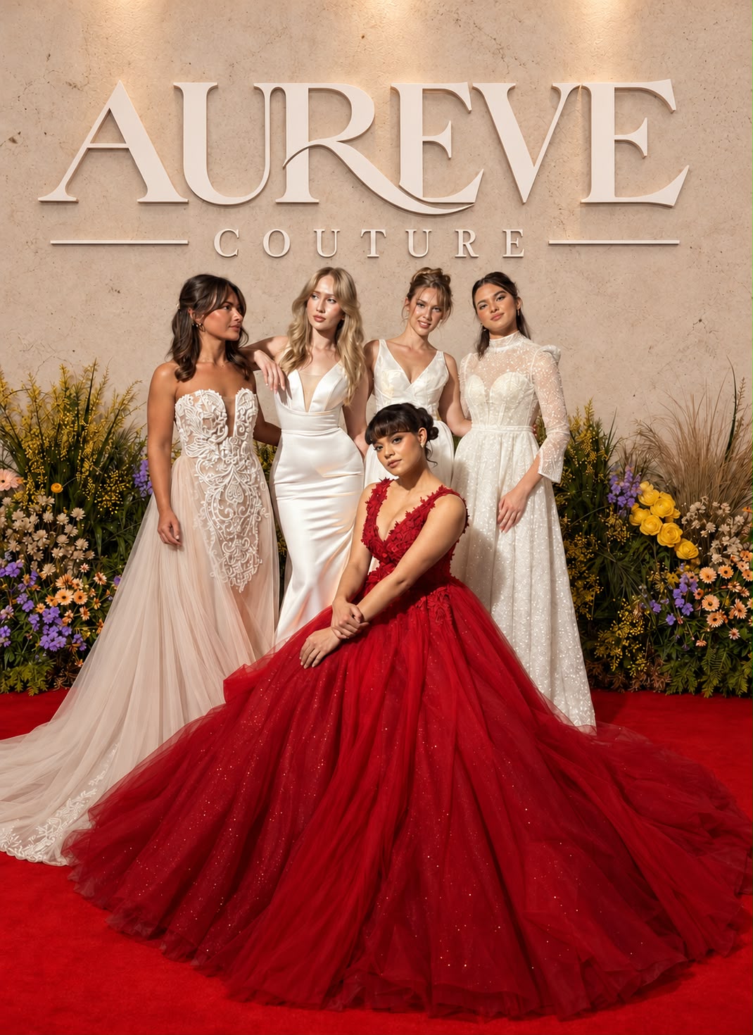 Aureve Couture editorial featuring ivory gowns and a red gown