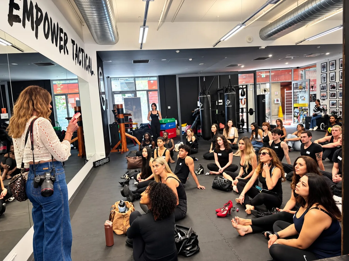 Participants listening to a speaker during a group session at the Empower Tactical studio