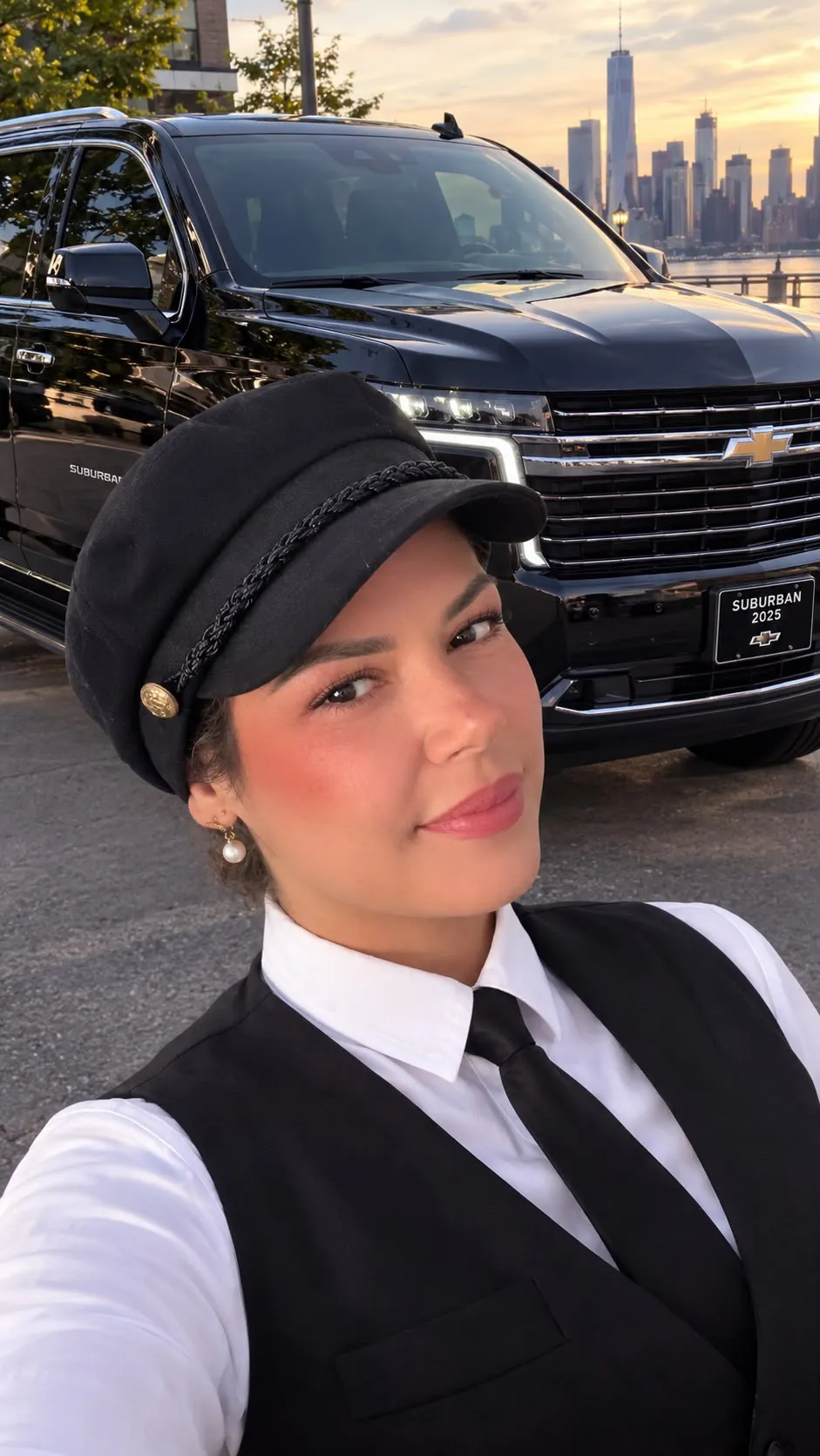 Premium Chauffeur NYC chauffeur in uniform with a black Chevrolet Suburban and the Manhattan skyline at sunset.