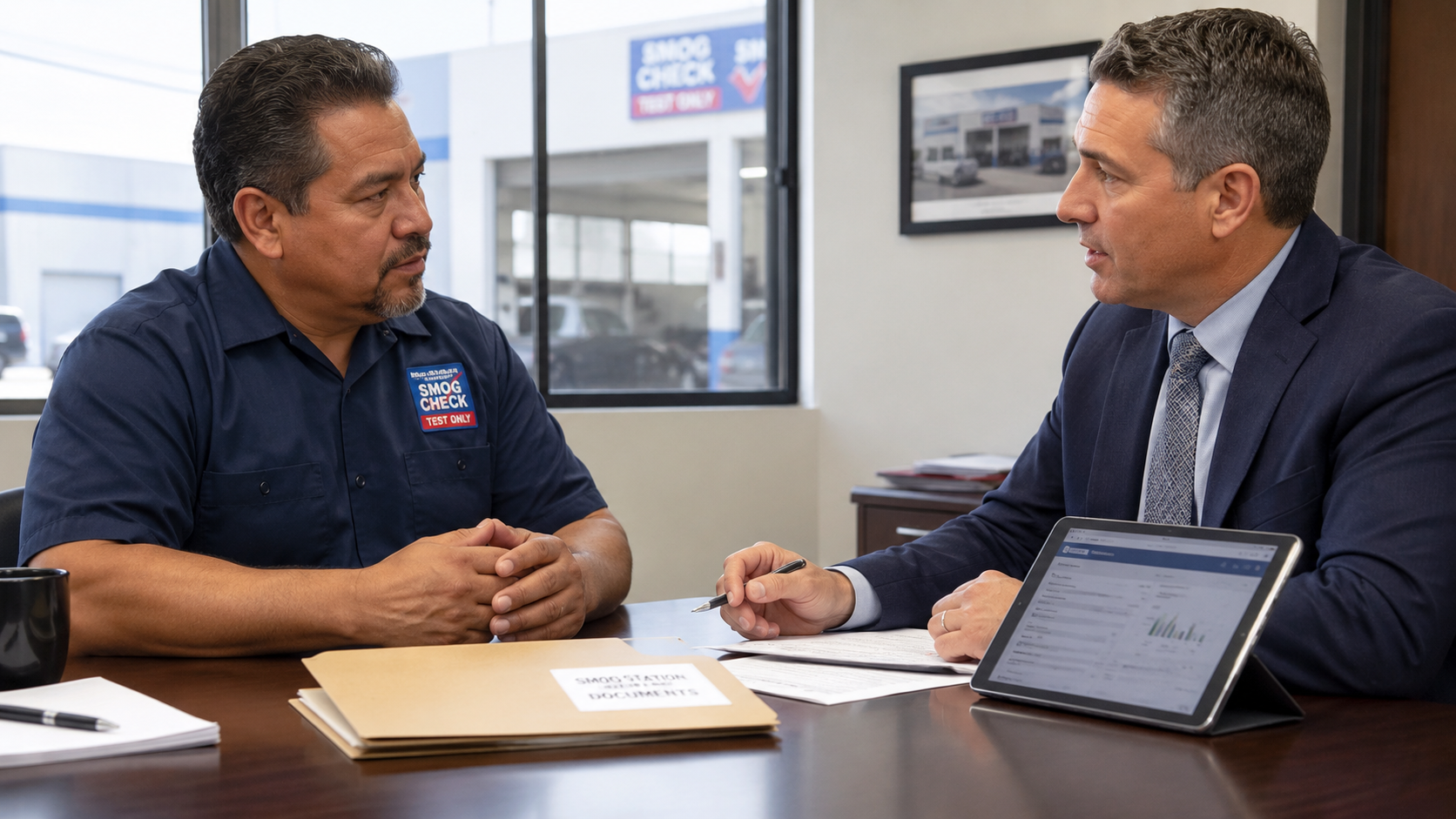 Smog check station owner speaking with legal counsel