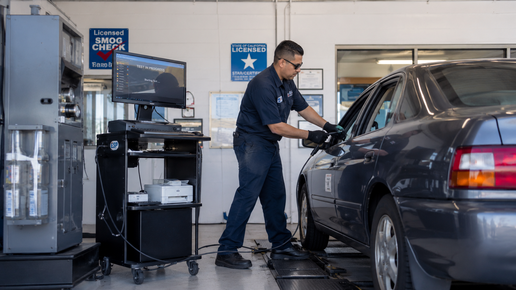 Smog check technician inspecting a vehicle