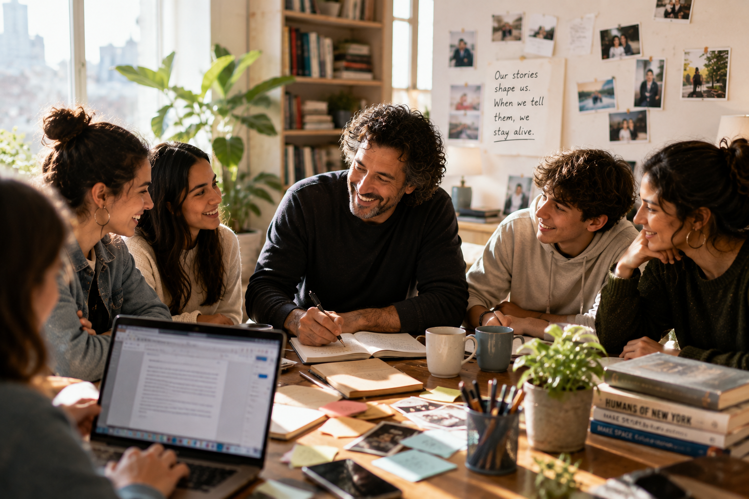 A modern group of people gathered around a table, sharing stories, writing together, and building community through creativity and conversation. A modern group of people gathered around a table, sharing stories, writing together, and building community through creativity and conversation.
