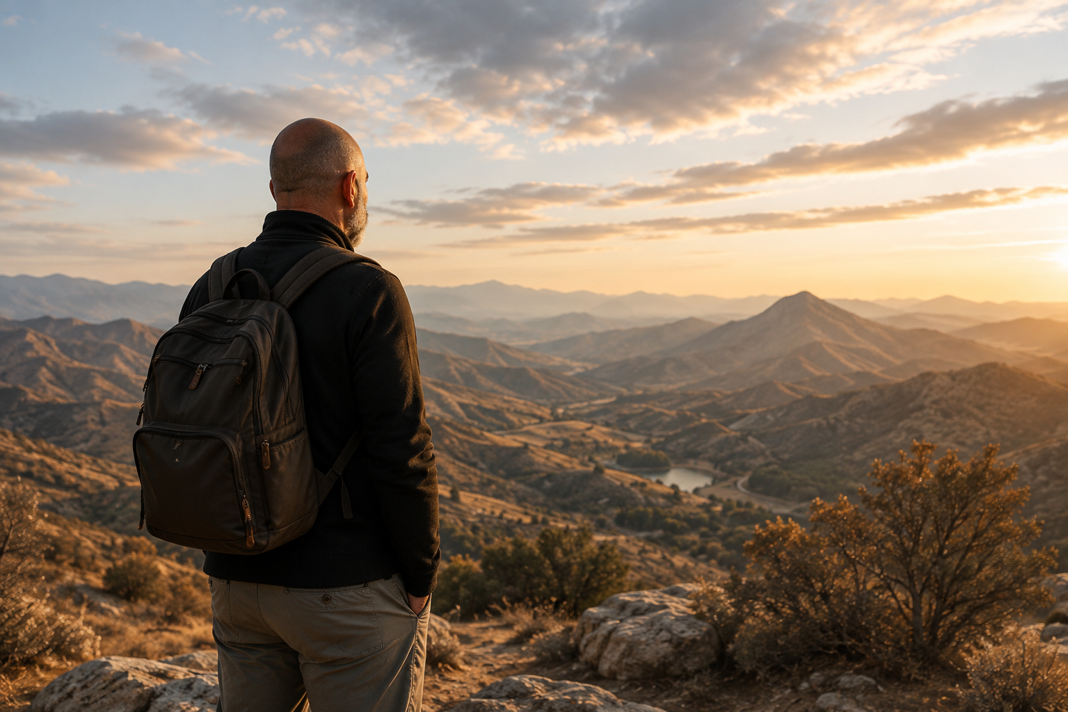 Man looking out at mountains