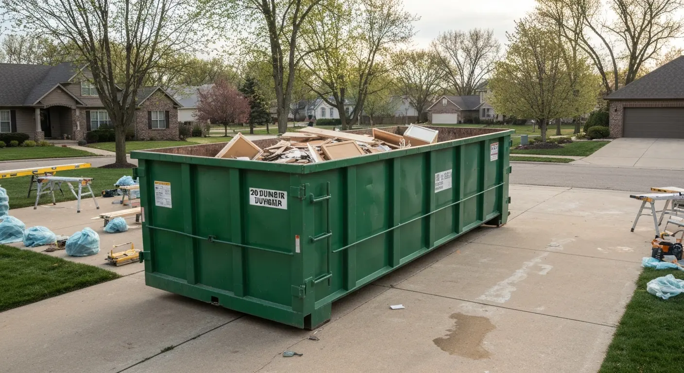 Roll-off dumpster on residential driveway