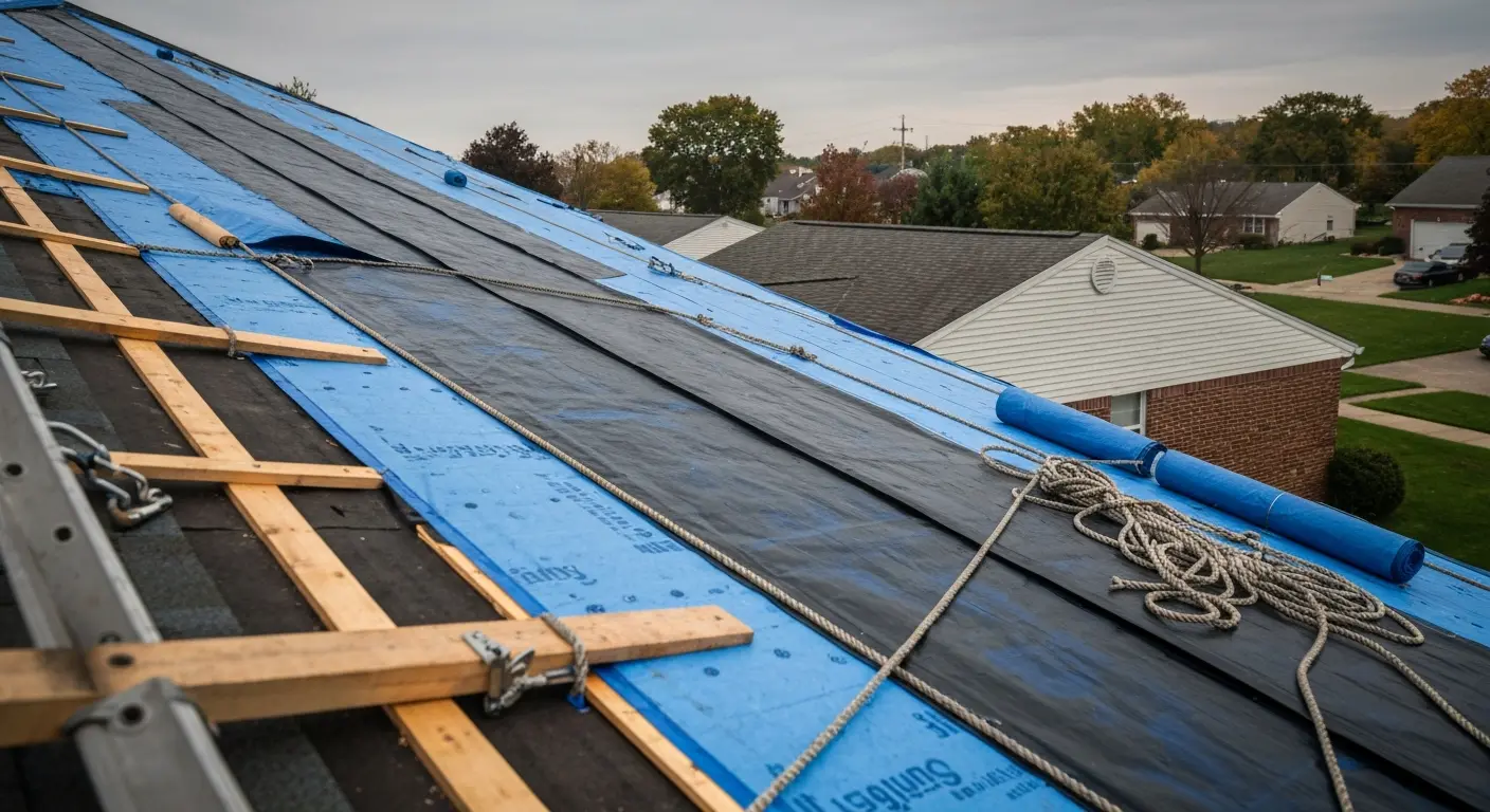 Emergency roof tarping after storm damage