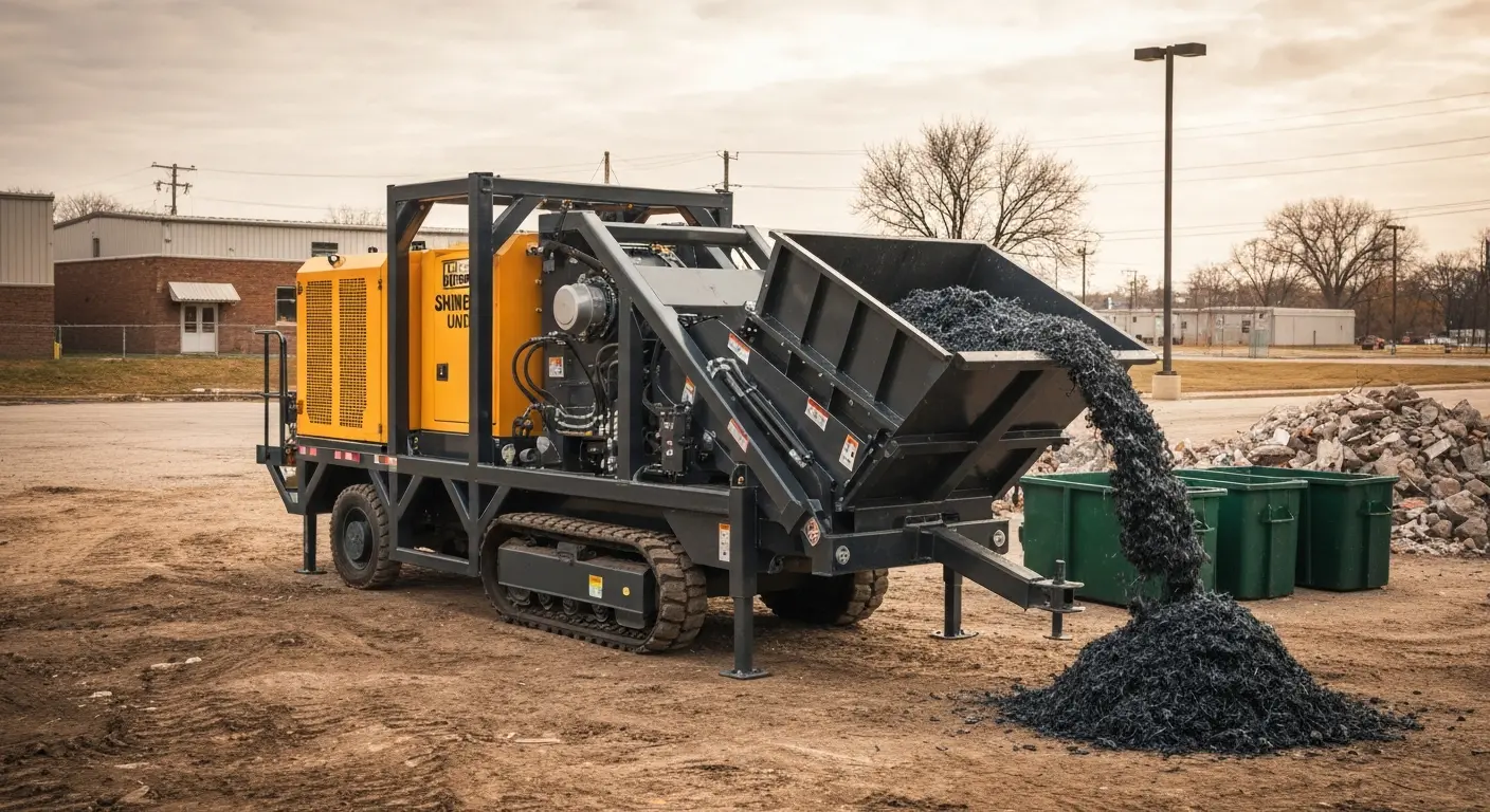 Portable tire shredder unit on construction site