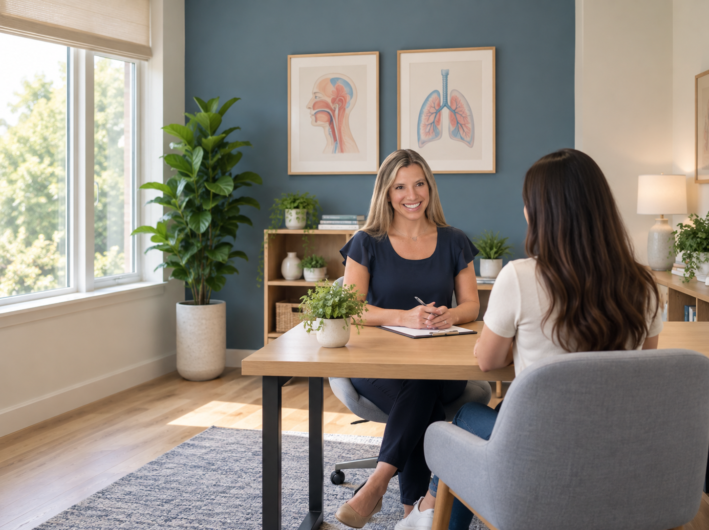 Therapist smiling and talking with a patient across a desk during a consultation in a bright office