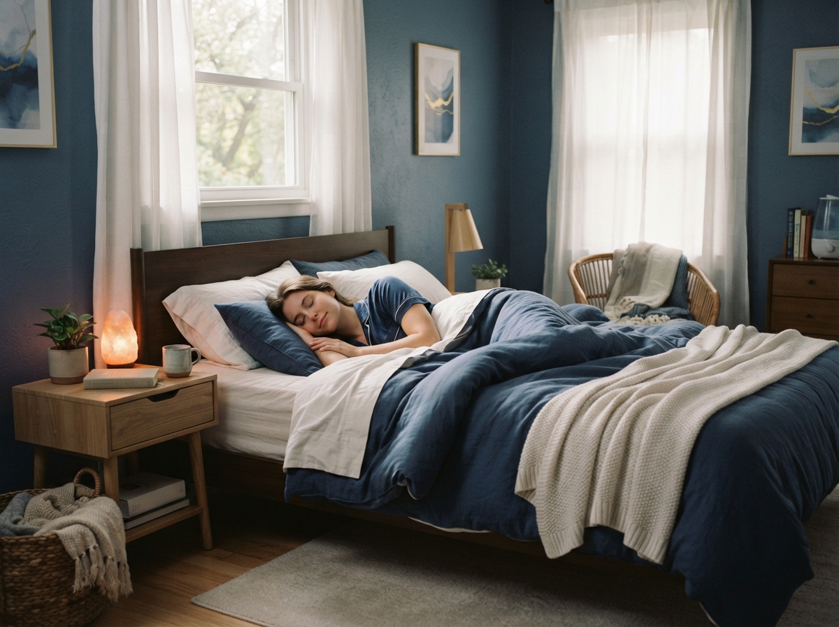 Calm bedroom scene representing restful, healthy sleep and nasal breathing