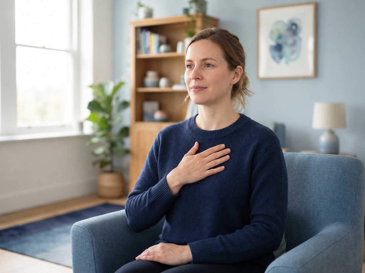 Person demonstrating calm, relaxed nasal breathing with healthy oral posture