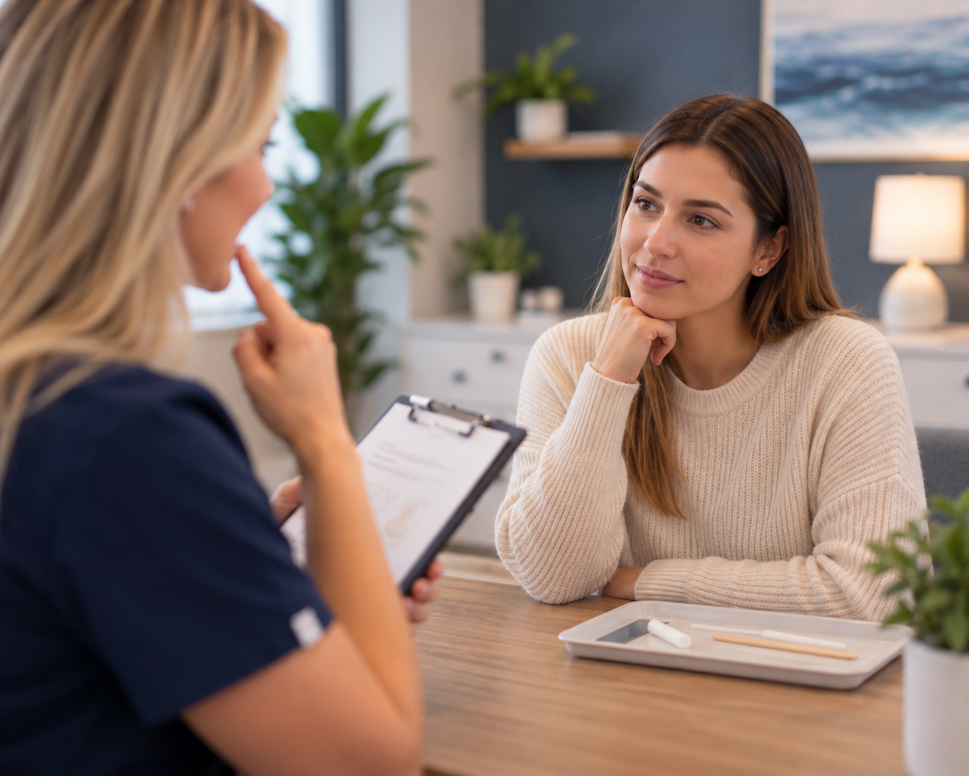 Adult patient practicing personalized breathing and oral posture exercises in therapy