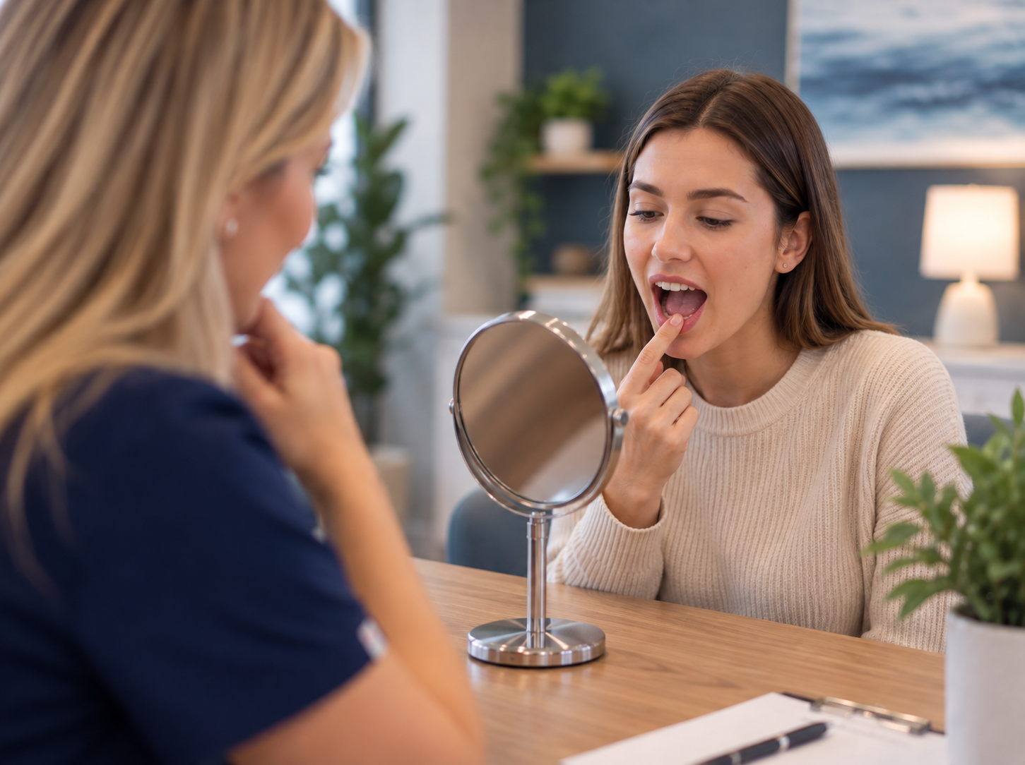 Patient practicing a tongue exercise in a mirror while the therapist watches