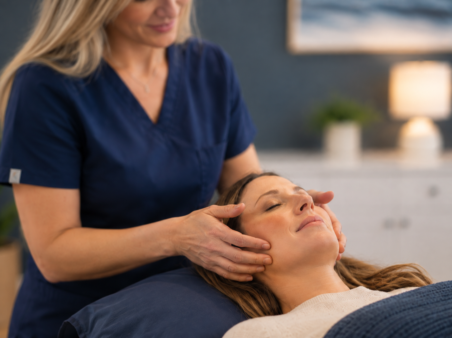 Therapist massaging a relaxed patient's jaw during a TMJ release session