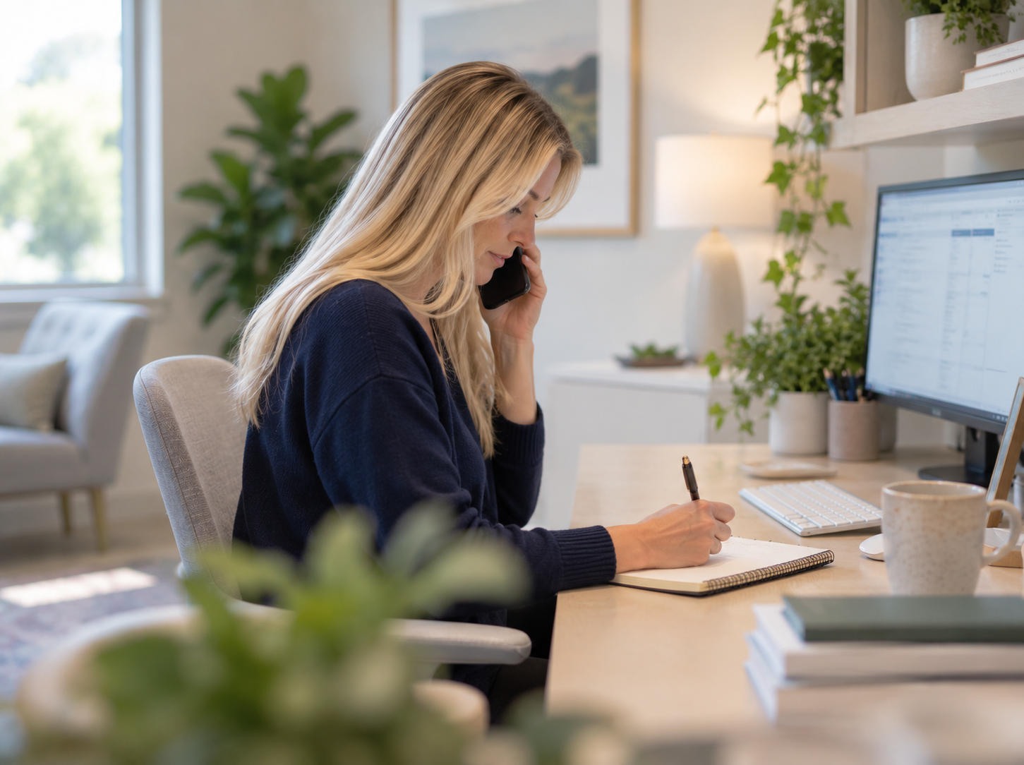 Therapist on a phone consultation taking notes at a desk