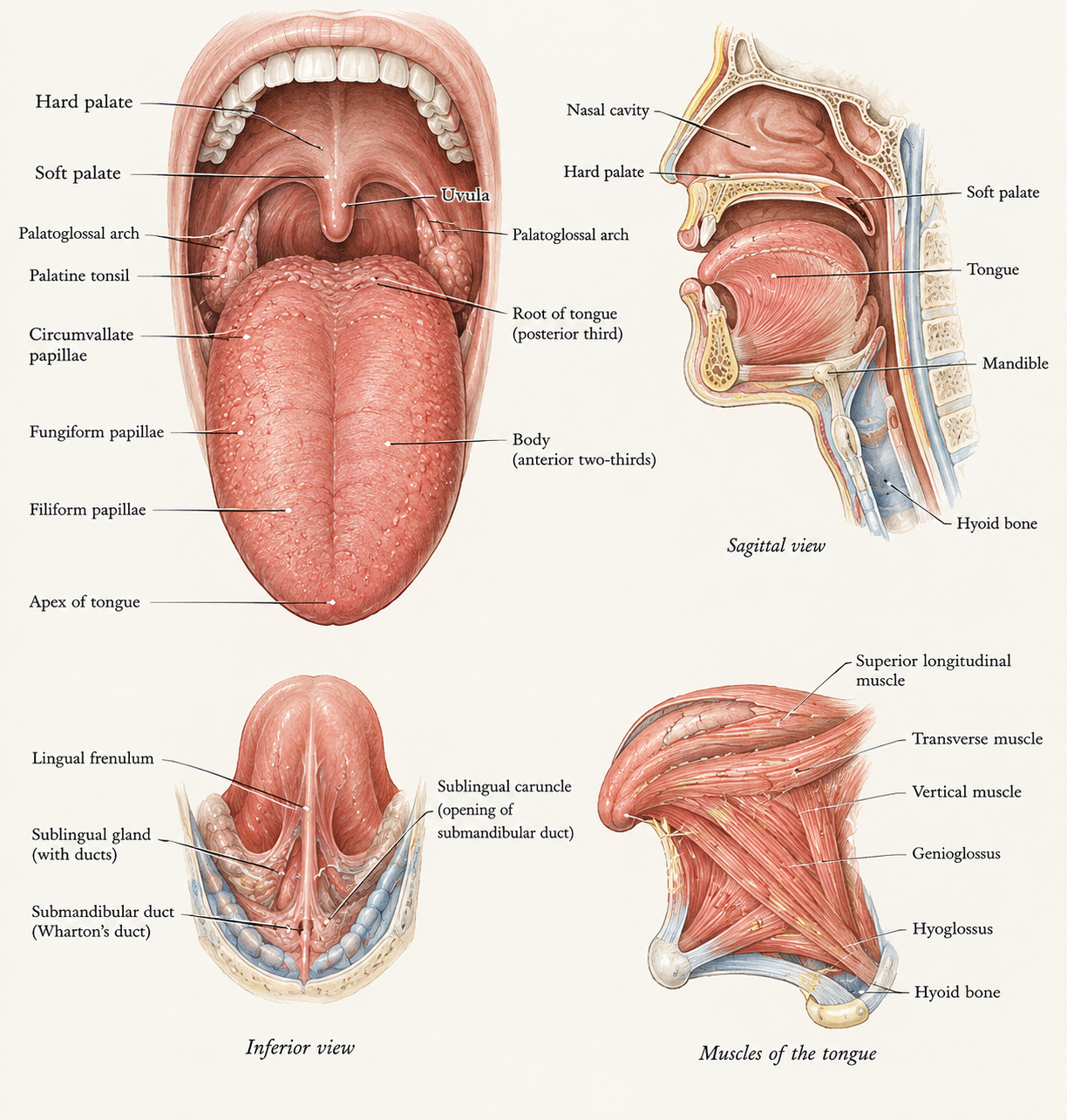 Illustrated anatomy of the mouth and tongue, including the lingual frenulum