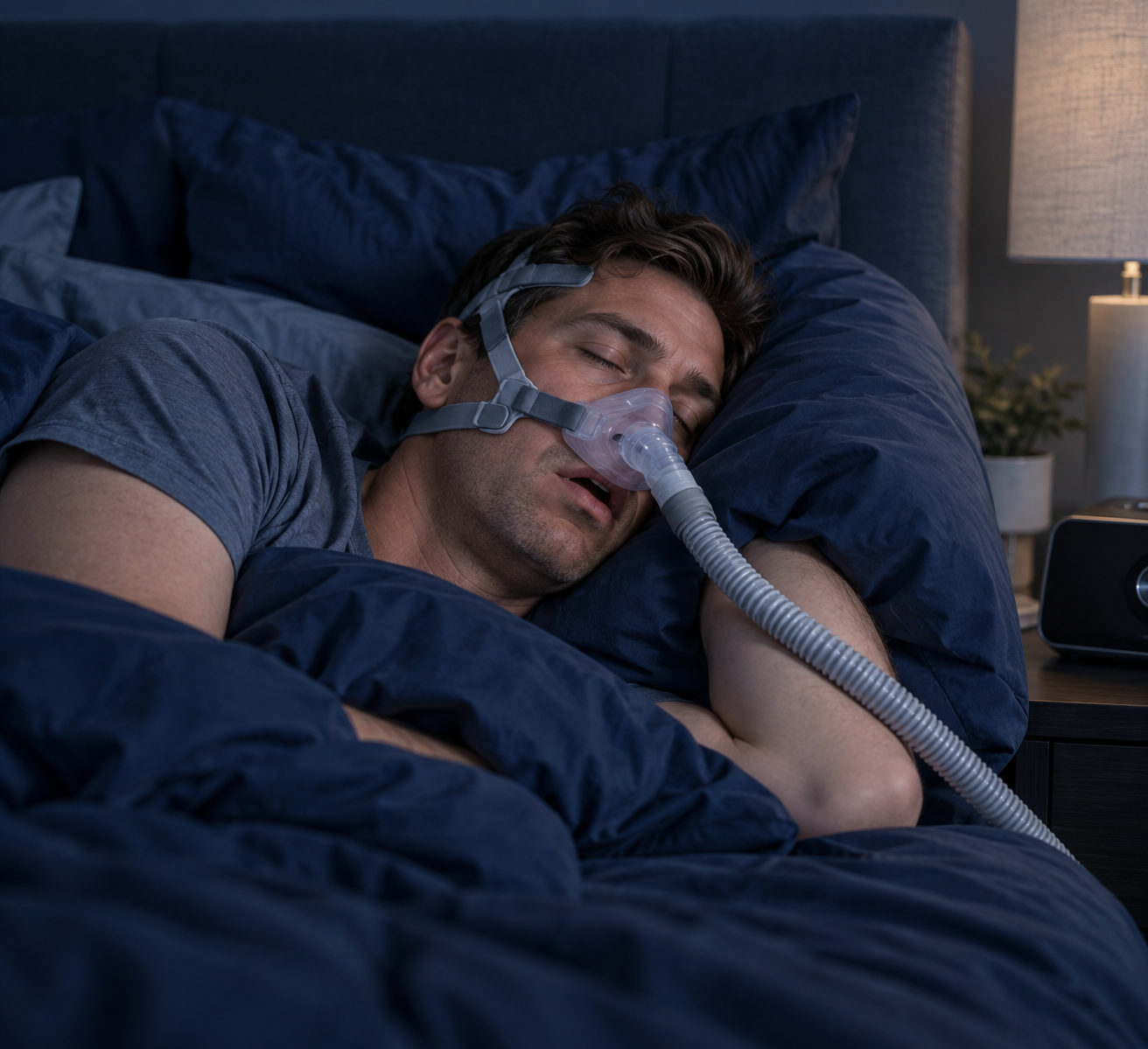 Man sleeping in bed wearing a CPAP mask for sleep apnea