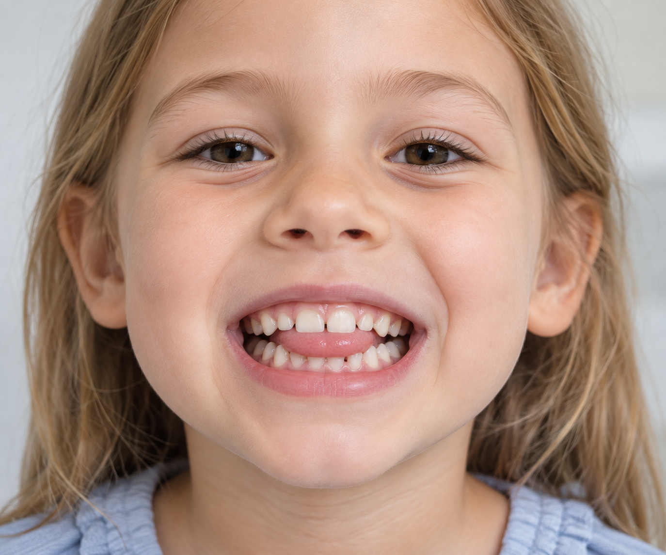 Smiling child with the tongue resting between the teeth, a sign of tongue thrust
