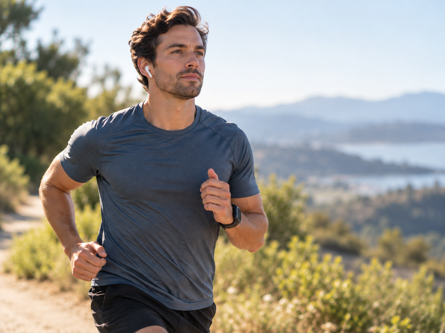 Man running on a sunny hillside trail, breathing steadily through his nose