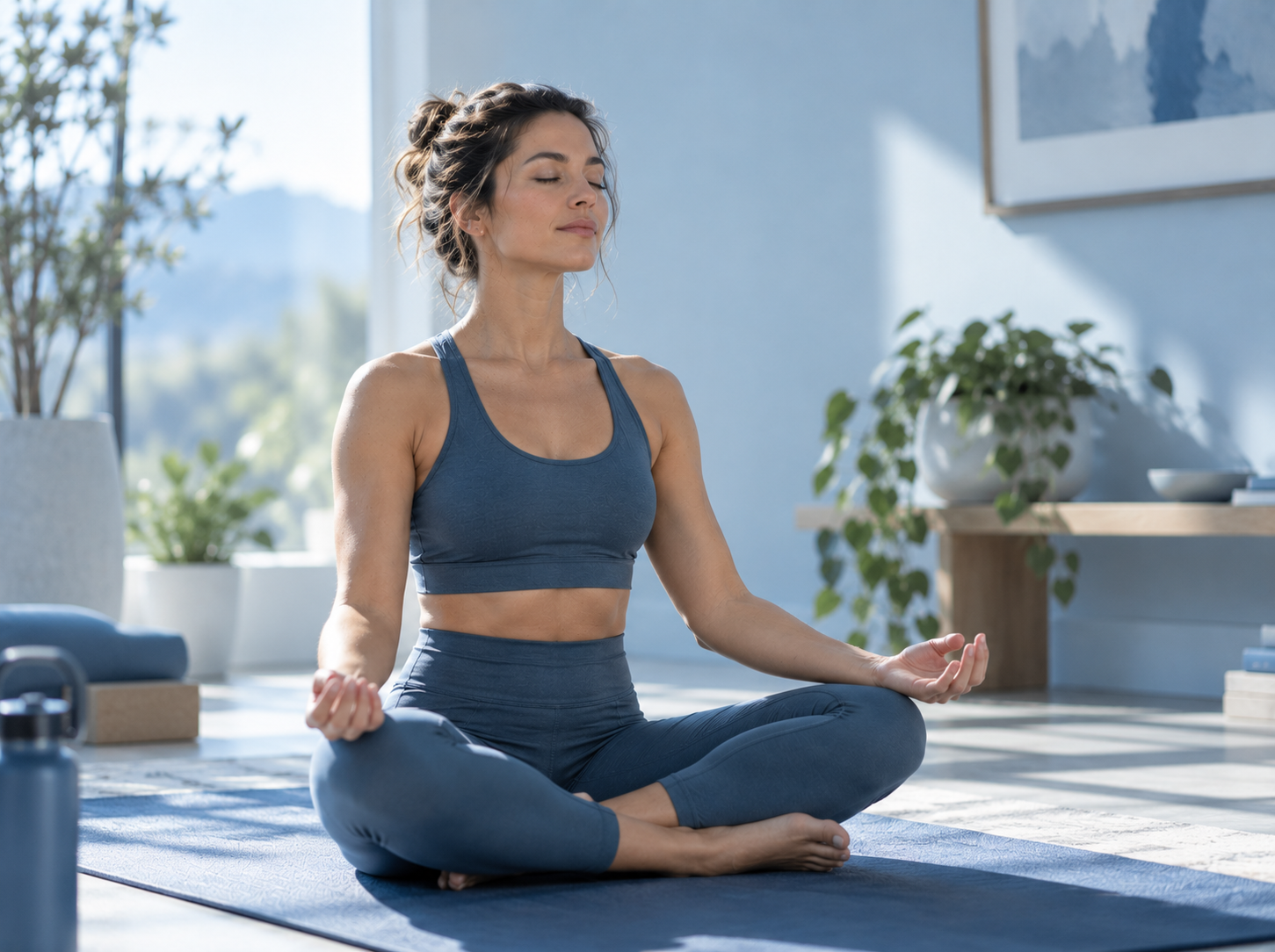 Woman sitting cross-legged on a yoga mat with eyes closed, practicing calm nasal breathing
