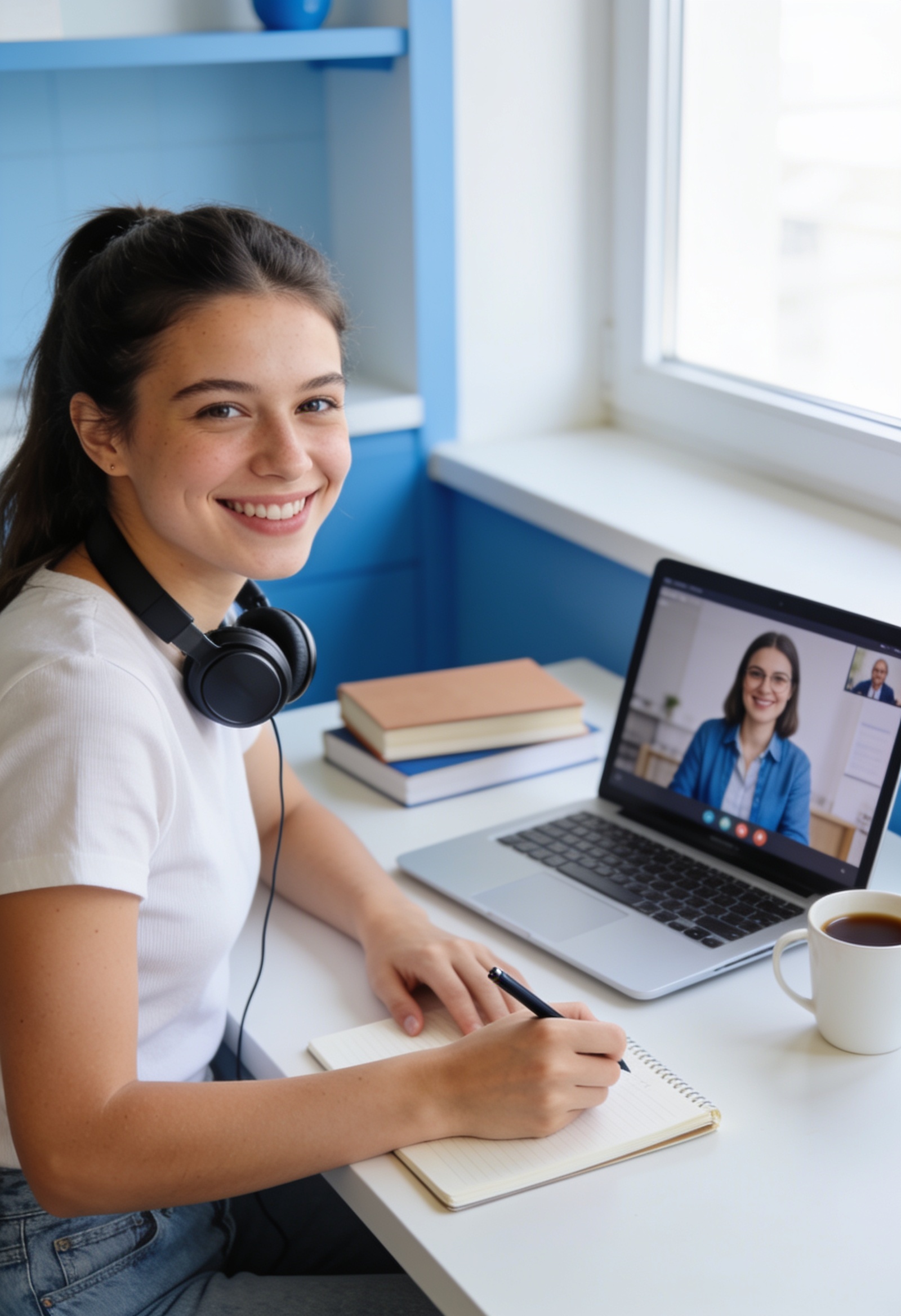 Estudiante sonriente en una clase de inglés online con su tutora