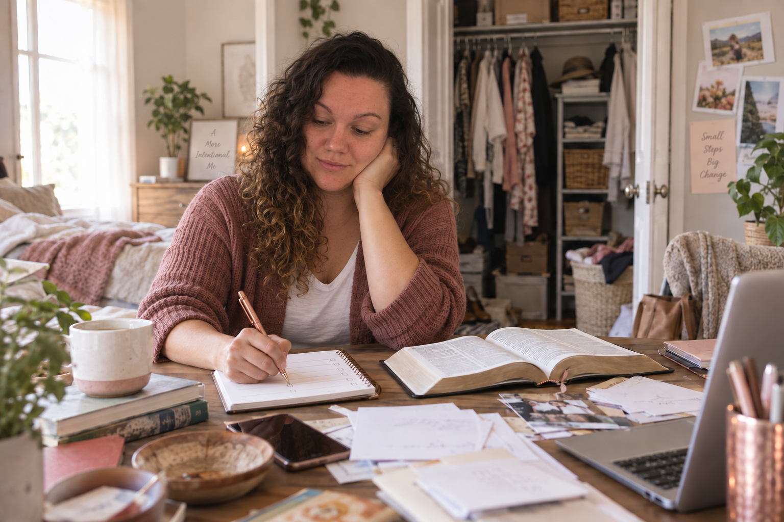 Cheyenne sitting at a desk surrounded by life's chaos