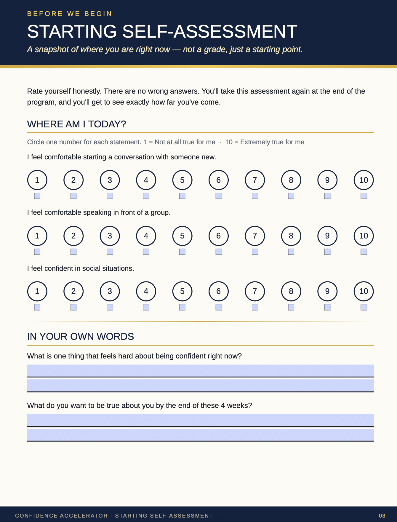 Confidence self-assessment page