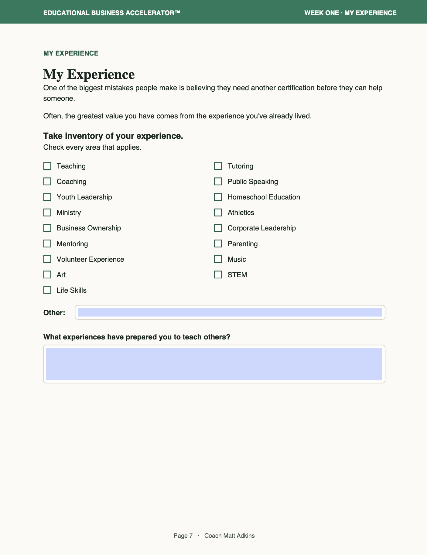 Sample page 3 from the 35-page Experience-to-Business Workbook