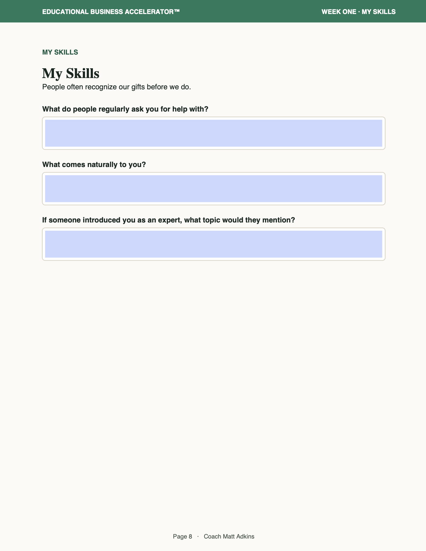 Sample page 7 from the 35-page Experience-to-Business Workbook